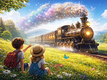 Ein Junge und ein Mädchen sehen einem Zug, der von einer Dampflokomotive gezogen wird, beim Vorbeifahren zu.