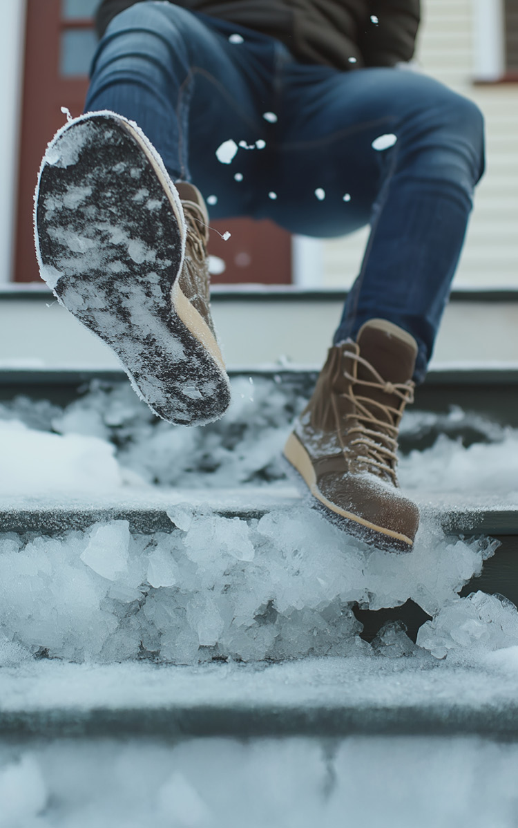 Ein Mensch mit Winterschuhen rutscht bei winterlichen Verhältnissen aus und verliert den Halt.